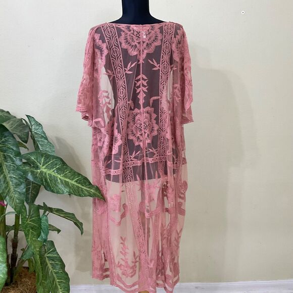 LC Lauren Conrad lace duster cardigan Womens OS Boho long line Rose color. - Picture 3 of 11
